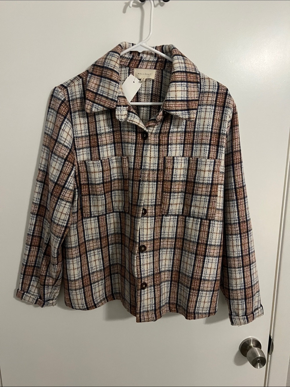 MELLODAY Plaid Button-Front Jacket in Brown and Cream